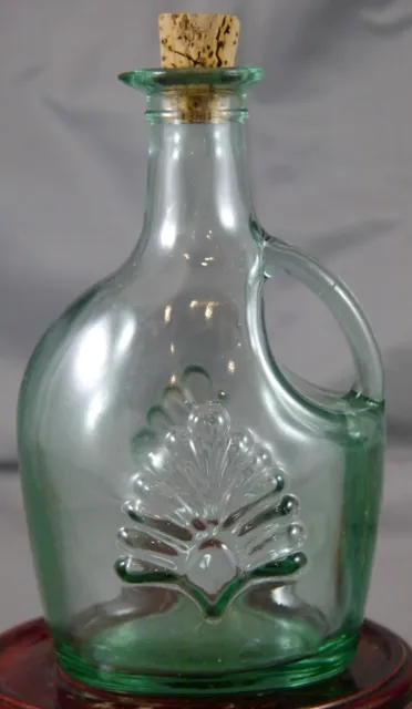 Sage Green Glass Cruet / Bottle / Pitcher. Embossed Palms w Cork CANADA 6.5" T