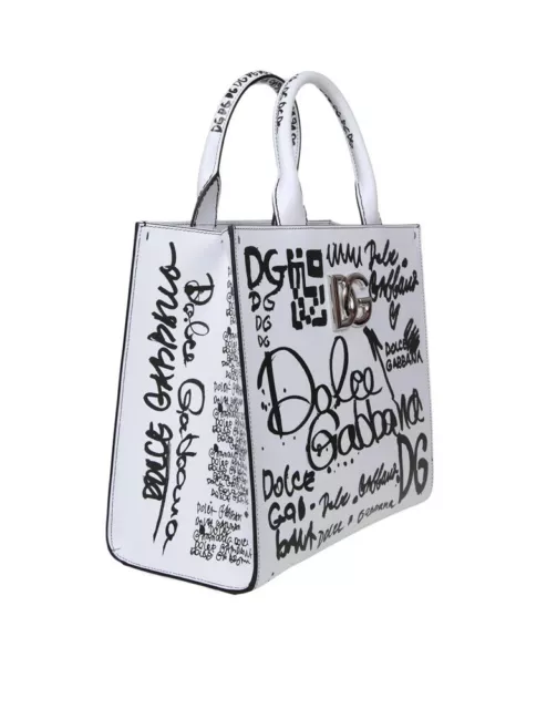 Dolce & Gabbana NWT Graffiti Allover Logo Print White Leather Shopping Tote Bag 3