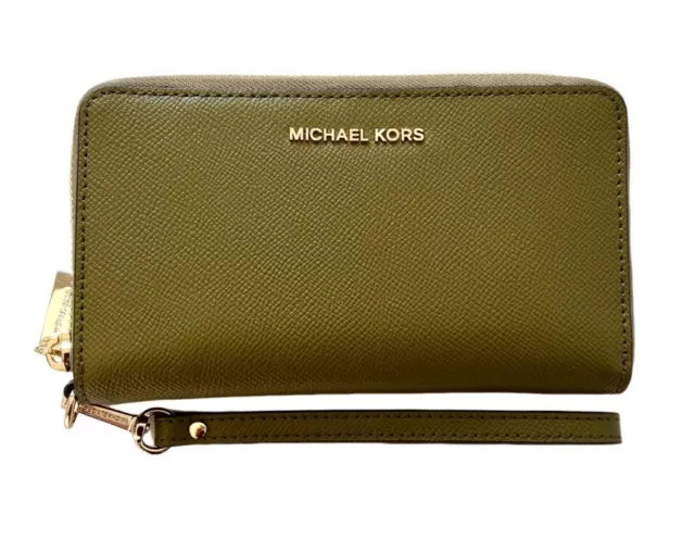 Michael Kors Jet Set Geldbörse Portmonee Portemonnaie Grün Khaki Gold Leder NEU