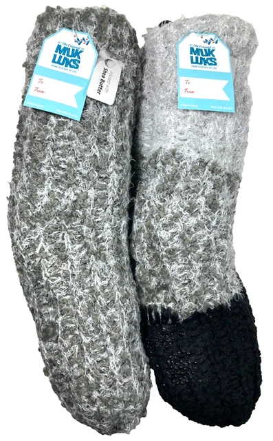 MUK LUKS Set of 2 PAIR CABIN SOCKS GRAY L/XL 8.5-11 Shea Butter FAUX SHEARLING