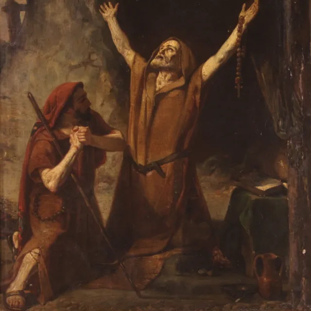Tableau religieux Saint Antoine l'Abbé peinture huile sur toile 19ème siècle