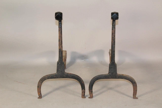 Great Pair Of 18Th C Hand Forged Wrought Iron Goose Neck Andirons Faceted Tops 3