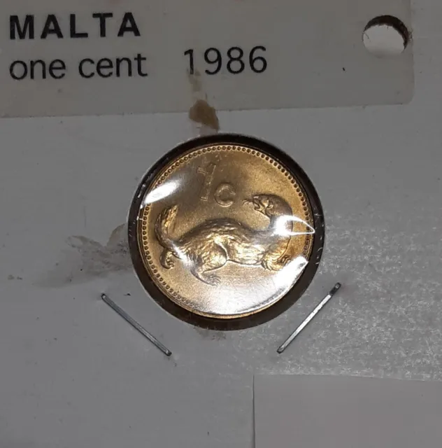 1986 Malta 1 Cent Nickel-Brass Coin  Coat of Arms/Weasel   UNC