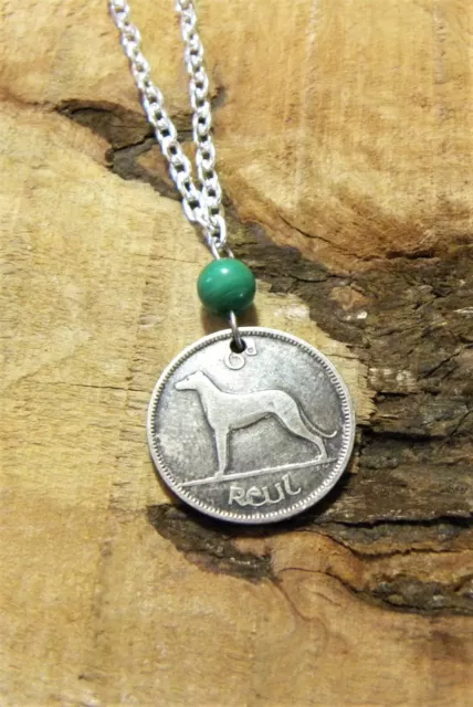 Dog Coin Necklace +Malachite Gemstone Bead - Ireland -  Irish Wolfhound N59