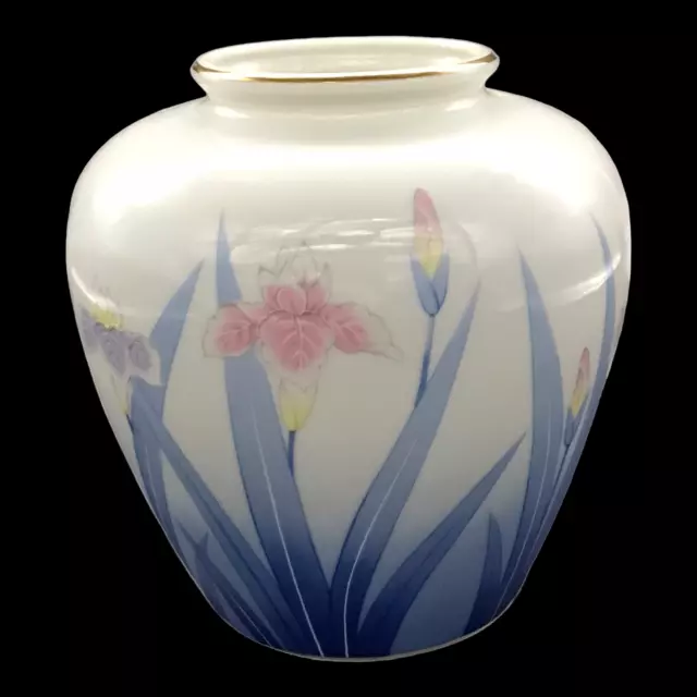 Vintage Otagiri Mercantile Company Vase - Blue Leaves-Pink & Purple Iris 6.25" H