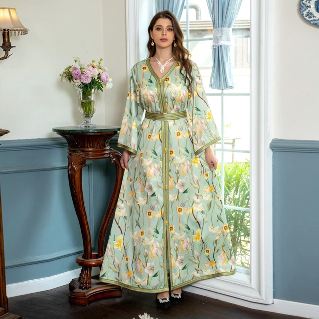 Floral Print Hijab Dress Moroccan Braids Jalabiya Women Saudi Dubai Abaya Islam