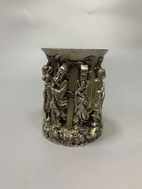 Old Chinese tibet silver Handcarved Eight Immortals jar pots Pen holder 888g