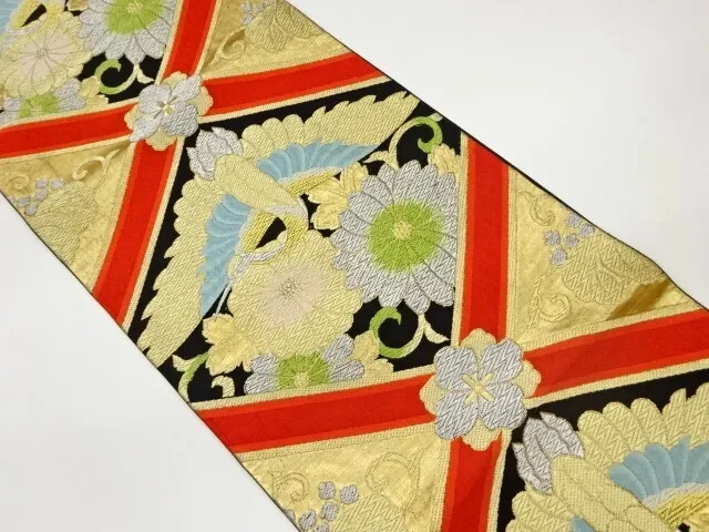 6845161: Japanese Kimono / Vintage Fukuro Obi / Woven Crane & Tasuki Lattice