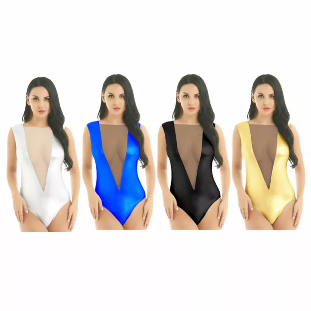 Damen Body Bodysuit Glänzend Jumpsuit Overall Transparent Mesh Unterwäsche Sexy