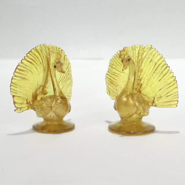 Pair Salviati Attributed Venetian/Murano Glass Peacock Place Card Holder Figures