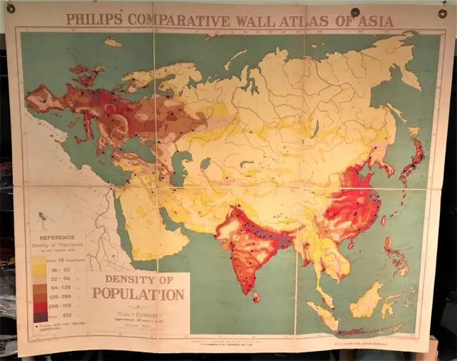 Original 1921 Philips' Comparative WALL Atlas ~ ASIA POPULATION ~ Rare Map