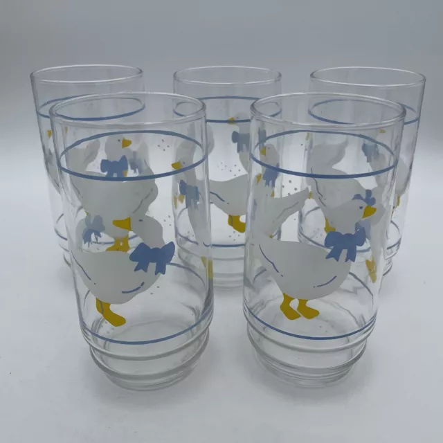 5 Libby Vintage Drinking Glasses Country White Goose with Blue Ribbon Bow