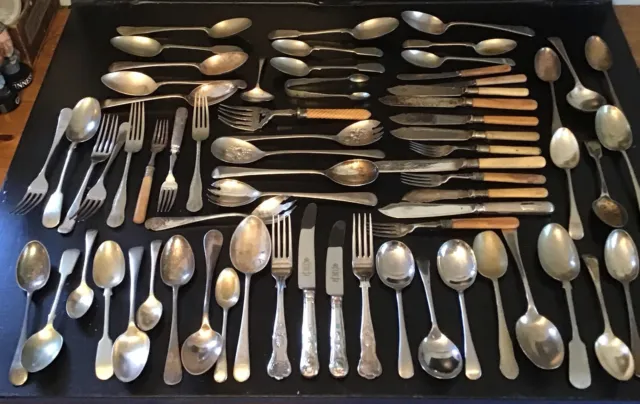 Antique & Vintage Job Lot Of Silver Plated Cutlery Flat Ware 68 Items Various