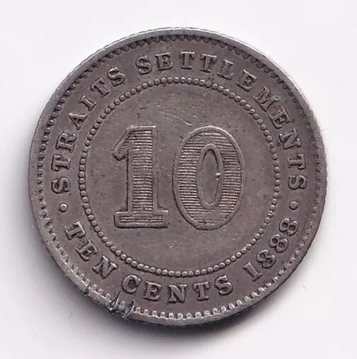 1888 Straits Settlements 10 Ten Cents Silver Coin Victoria Old Coin Nice Grade