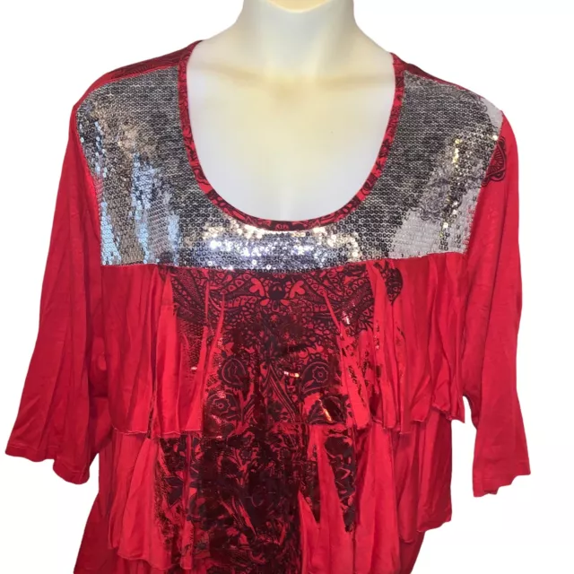 3X M. Fasis By California Red Foiled Sequins Ruffle Shirt Top Womens Paisley GUC 2