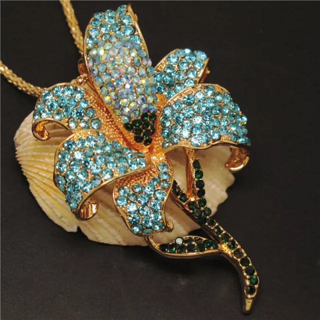 New  Betsey Johnson Blue Rhinestone Bling Flower Crystal Pendant Women Necklace