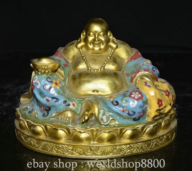 9.6"Chinese Qianlong Marked Bronze Gilt Cloisonne Flower Maitreya Buddha Statue