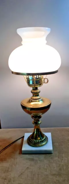 Vtg. Lamp Brass & Marble Base 20” Table Dresser Bedside - Milk glass shade 2