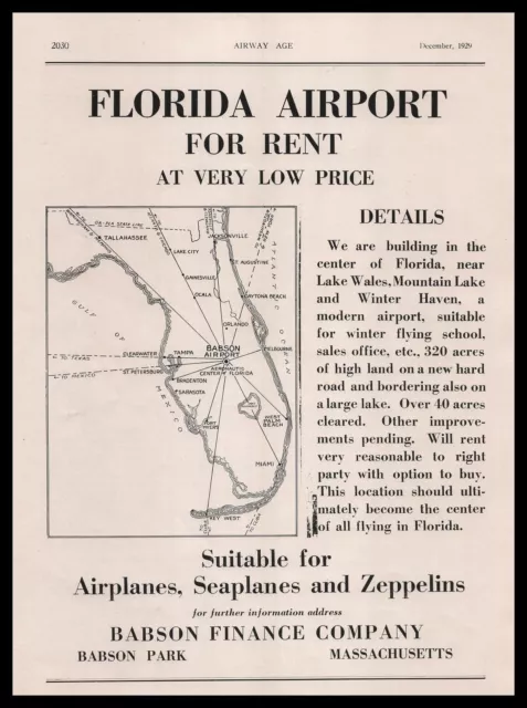 1929 Lake Wales Mountain Lake Winter Haven Florida Airport For Rent Map Print Ad