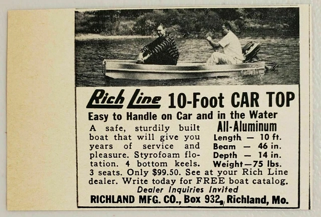1958 Print Ad Rich Line 10-Foot Car Top Aluminum Boats Richland Mfg Richland,MO