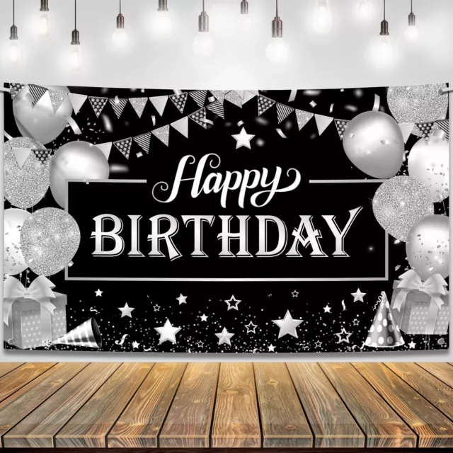 DECORACIÓN DE FONDO de fiesta de pancarta de feliz cumpleaños plateada y  negra $19.25 - PicClick