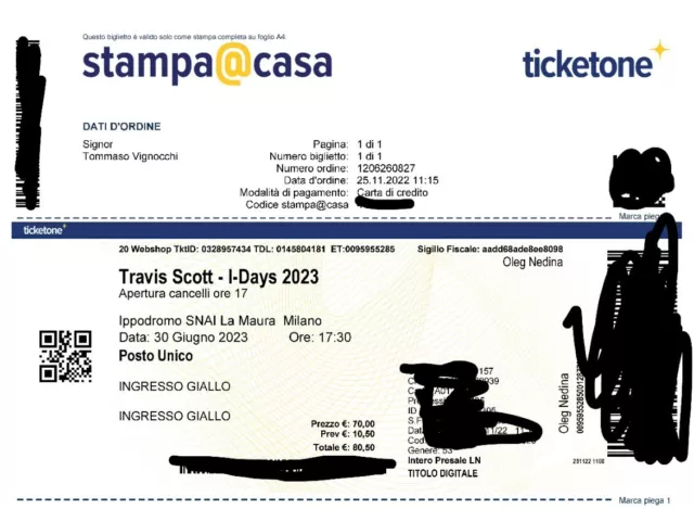 Biglietto Travis Scott In Concerto Milano 30/06/2023 Ingresso giallo
