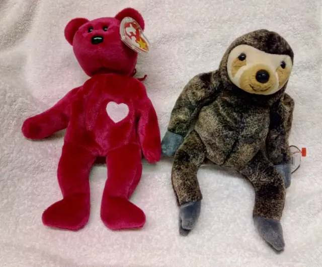 Slowpoke The Sloth & Valentina Pink Bear (Tag Error) Ty Beanie Babies