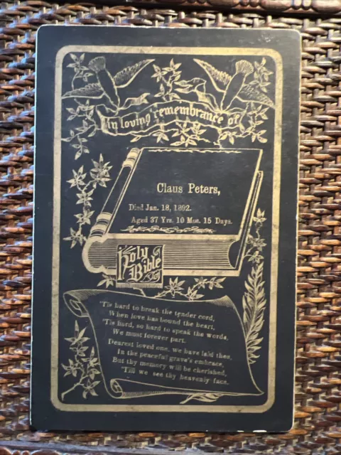 Antique Funeral Cabinet Card Funeral - 1892 Claus Peters