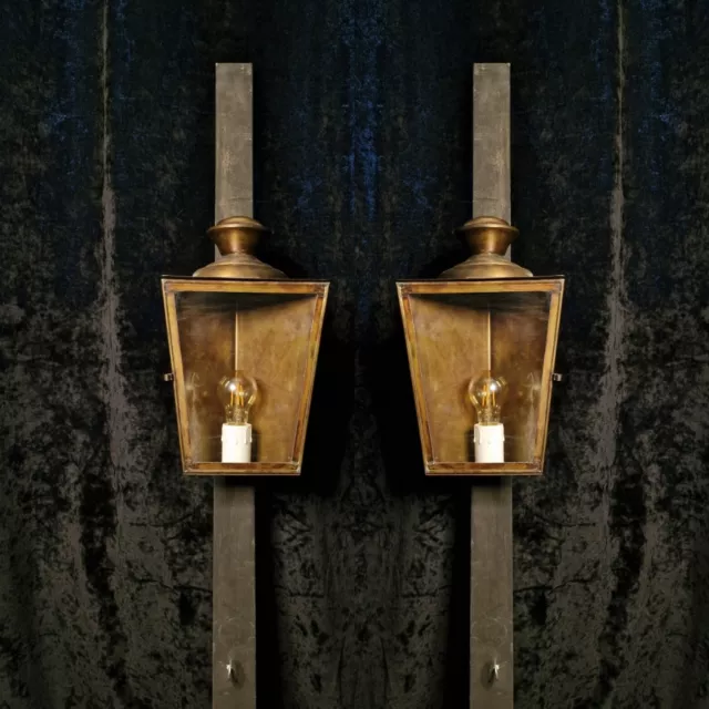 Traditional Large Pair of Vintage French Corner 1 Light Brass Wall Lanterns