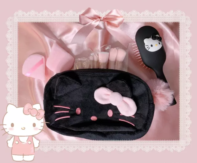 Sanrio Black Pink Limited Hello Kitty Makeup Bag Brushes And Mini Brush Set