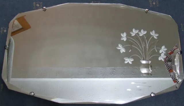 Vintage Art Deco Flowers Etched Wall Mirror + Chain Herefordshire Collection