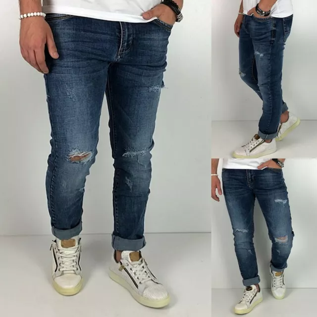 Young fashion distrutted uomo stile skinny tubo blu jeans pantaloni basic strappi