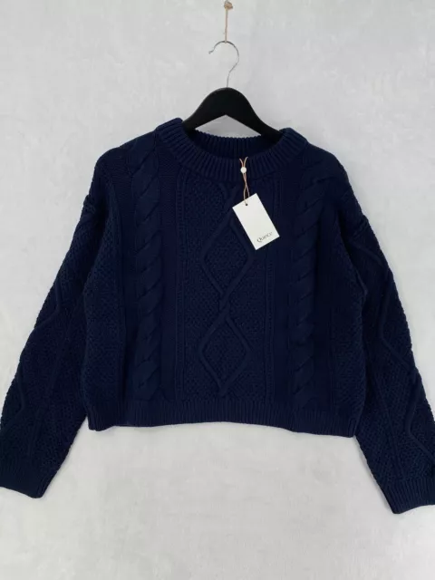 Quince Sweater Women's Medium Blue Cotton Cropped Cable Knit Crew Neck NEW