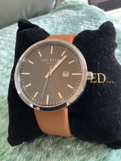 Mens Ted Baker Watch With Original Box Black Face  Tan Leather Strap Vgc