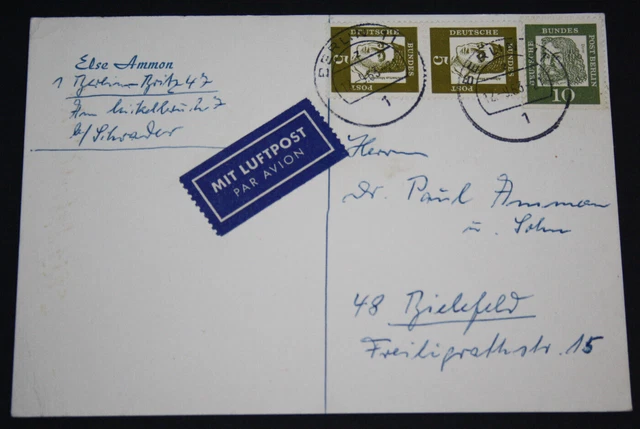 PK Mit Luftpost Berlin nach BI 12.9.1963 Frankiert DBP Berlin Mi 199, 202 (4323)
