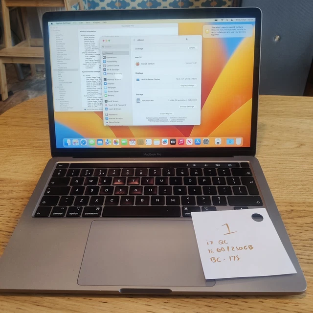 Macbook Pro 2020 i7  1.7ghz- 16gb RAM - 250gb SSD - OS 13 Ventura