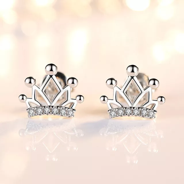 925 Sterling Silver Crystal Crown Earrings Stud Womens Girls Simple Jewelry Gift