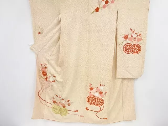 10154# Japanese Kimono / Antique Furisode / Embroidery / All Shibori / Floral Ca