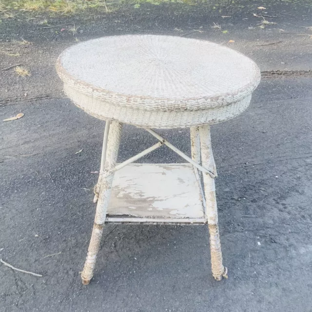 Rustic Vintage 1940’s Seagrass Patio Table White Painted Cane Indoor Outdoor