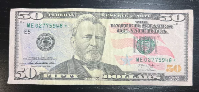 ⭐️ ME 02775948 * STAR ⭐️ NOTE $50 Fifty Dollar Bill  Federal Reserve Note FRN