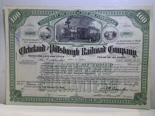 Cleveland & Pittsburg Railroad RR Stock Certificate 1974-100 Shares @$50. Each.