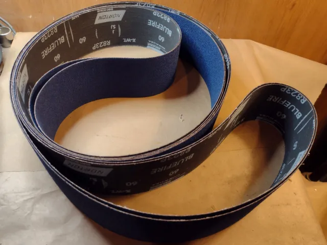 Lot of 2 Norton Bluefire R823P Sanding Belts, 3x132", 60 Grit Zirconia Alumina