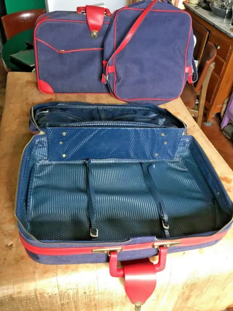 Vintage Japan 3 Piece Heavy Canvas Luggage Suitcases/Tote Blue w/ Red Trim