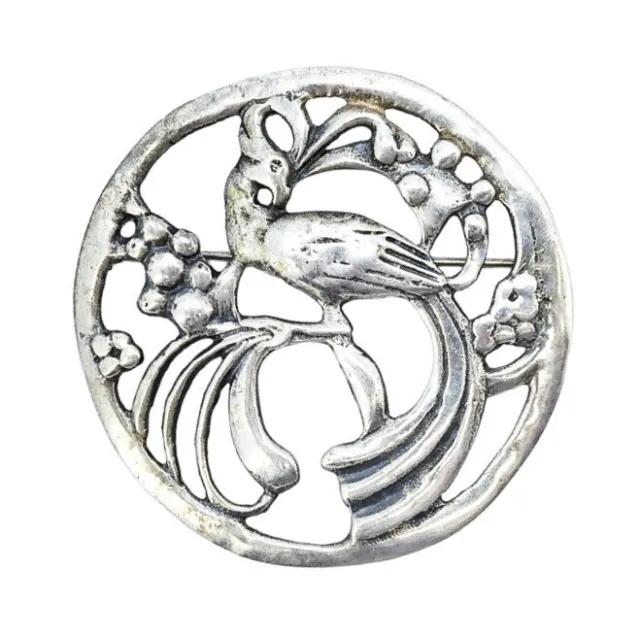Large Antique Art Nouveau Sterling Silver Round Brooch W Phoenix Bird Numbered