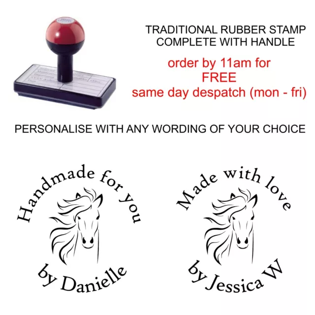 Personalised Handmade By Rubber Stamp With Your Name Or Company And Horse Image