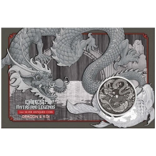 CHINESE MYTHS AND Legends Dragon and Koi 2023 1oz Silver Antiqued Coin