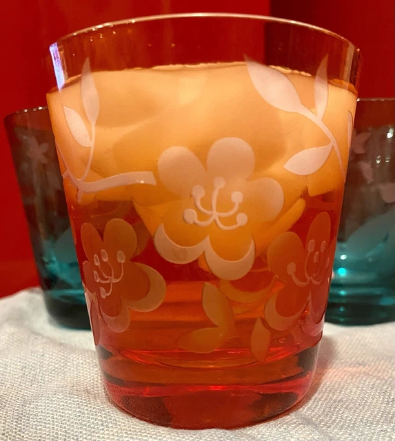 Set 3 ETCHED Glass TUMBLERS/ VOTIVES Cherry Blossom, Butterfly 2 Aqua 1 Rust 3”