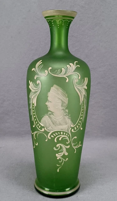 Bohemian Victorian Enameled Florentine Cameo Art Lady Portrait Green Glass Vase