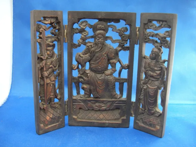 Very Fine Old CHINESE CARVED WOOD TABLE SCREEN-6.75 In-Emperor and Attendants
