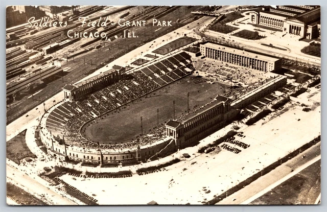 Postcard Soldiers Field Grant Park Chicago IL aerial 1946 RPPC U110